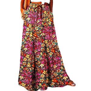 Bohemian Long Skirt Pink Yellow Floral Fall Loose Pleated Maxi Pocket Skirts